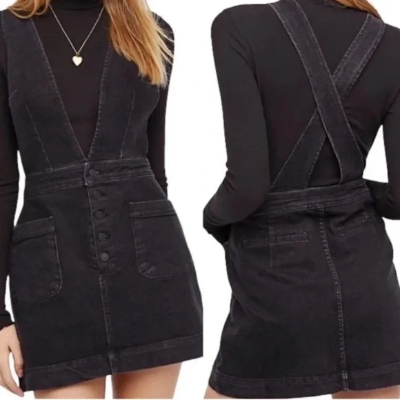 Free People Old School Love Denim Dungaree Pinafore Dress - Size 0 - EUC - Picture 2 of 11